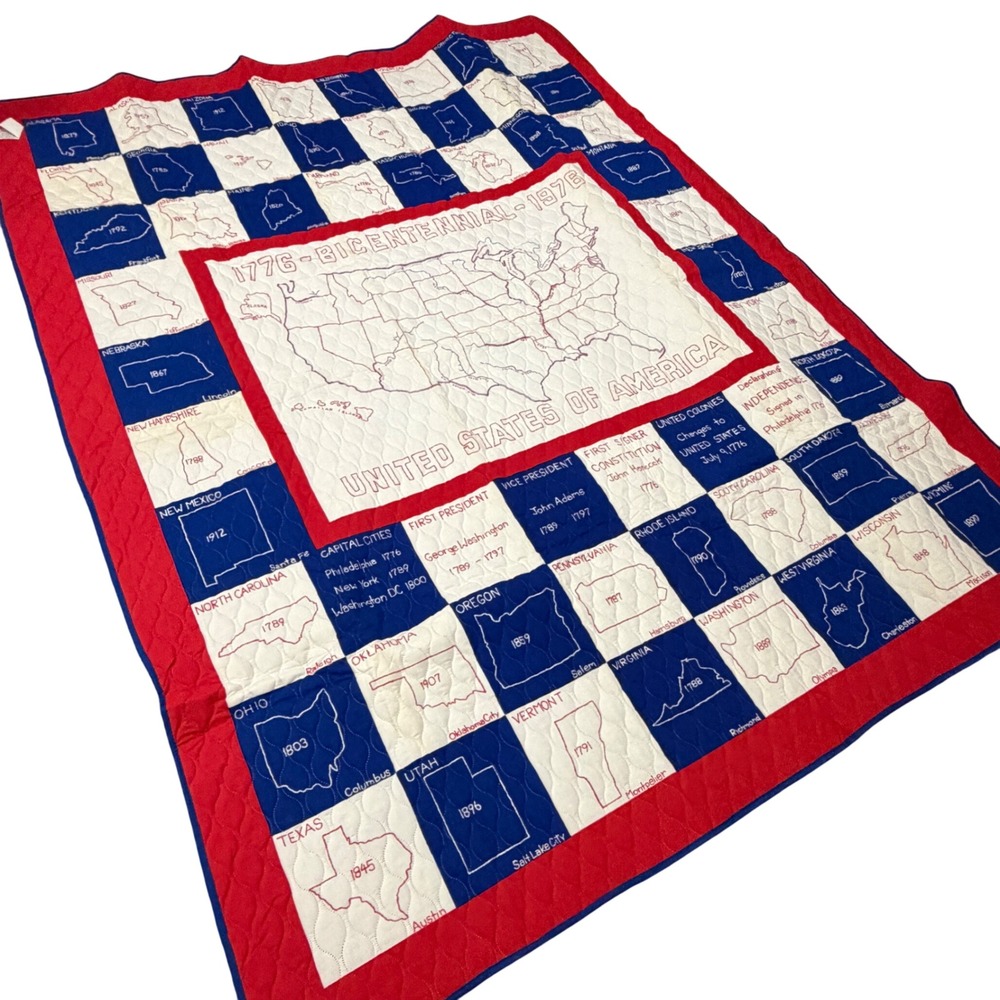 Vintage 1974 JCPenney USA Bicentennial Quilt 1776-1976 50 States Map Americana